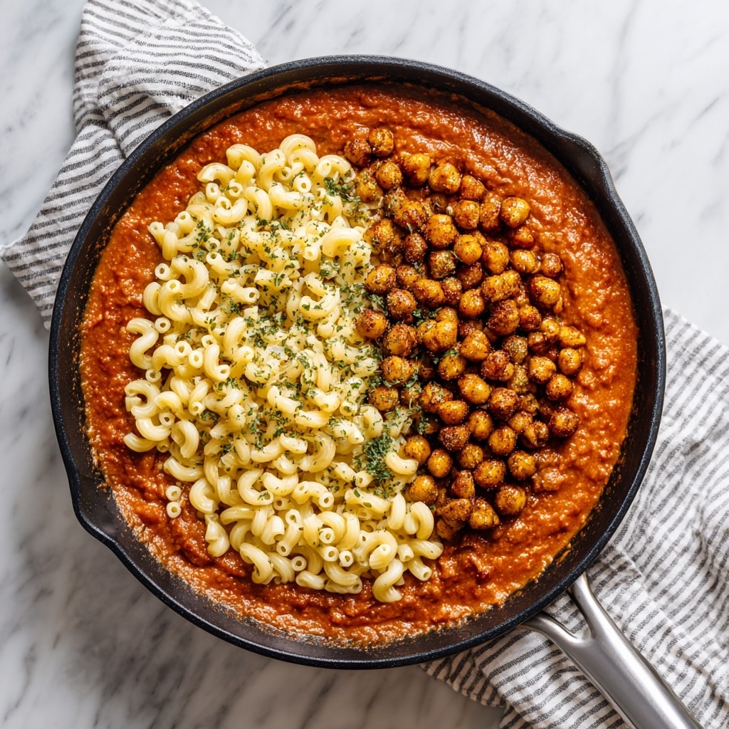The image shows a black skillet filled with three clear layers of food. The bottom layer is a thick, rich red-orange sauce covering the whole skillet. On top of the sauce, on the right side, there are small, round, browned chickpeas scattered in clusters. On the left and center parts of the skillet, pale yellow cooked elbow macaroni is placed in a thick layer with small green herb bits sprinkled throughout. The skillet is placed on a white marbled surface with a striped cloth towel under the left handle. Photo taken with an iphone --ar 4:5 --v 7