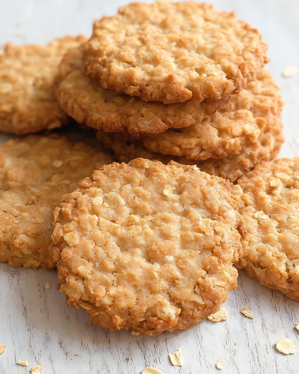 A close-up of a pile of round oatmeal cookies with a light golden-brown color, showing a rough texture with visible oats throughout each cookie. The cookies are stacked unevenly on a white marbled surface, with some scattered oats around them. The edges of the cookies are slightly uneven but mostly round. photo taken with an iphone --ar 4:5 --v 7
