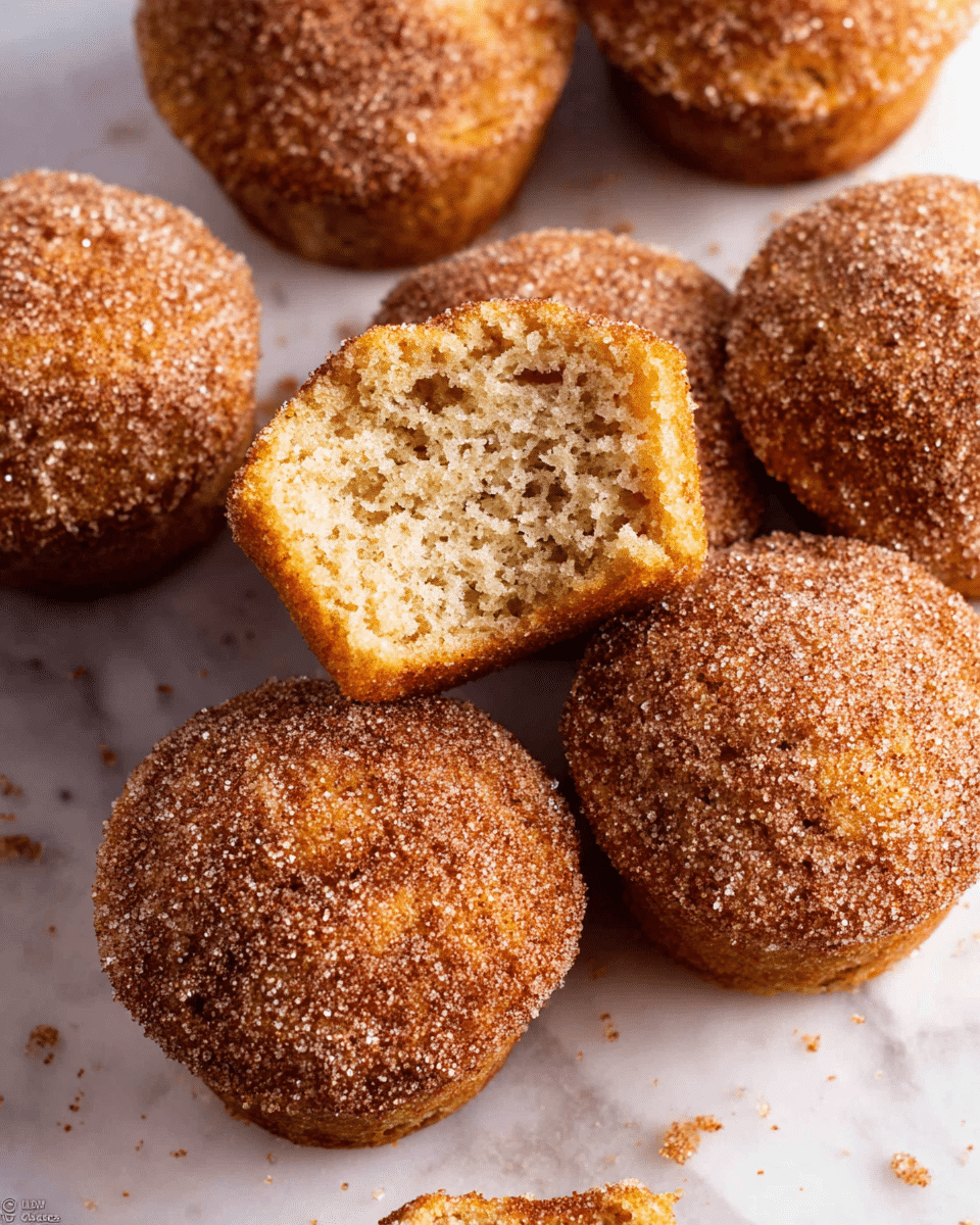 The image shows several small round muffins covered all over with a sparkling coating of cinnamon sugar crystals. One muffin in the center is bitten, revealing a soft, light golden inside with a crumbly texture. The muffins sit on a white marbled surface, and a few sugar granules and crumbs are scattered around them, emphasizing their sugary topping and tender inside. Photo taken with an iphone --ar 4:5 --v 7