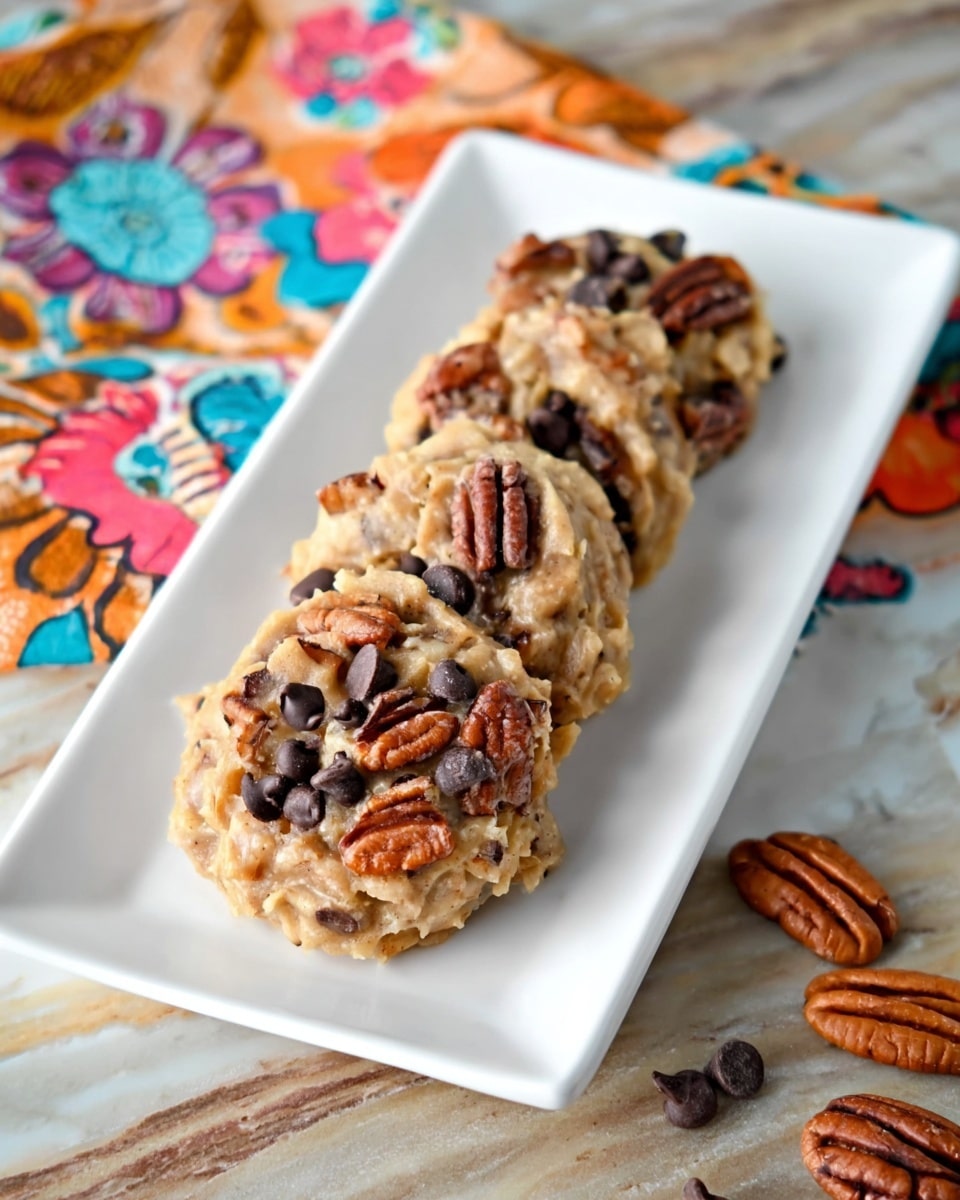 A white rectangular plate holds five clustered cookies arranged in a neat row, each cookie showing a rough textured beige dough base mixed with darker brown pecan halves and scattered smooth black chocolate chips on top. The cookies appear soft and chunky, with the pecans adding a glossy, rich brown contrast and the chocolate chips giving small, shiny black accents throughout. The plate sits on a colorful floral fabric and is placed on a white marbled surface with a few extra pecans scattered around casually. Photo taken with an iphone --ar 4:5 --v 7