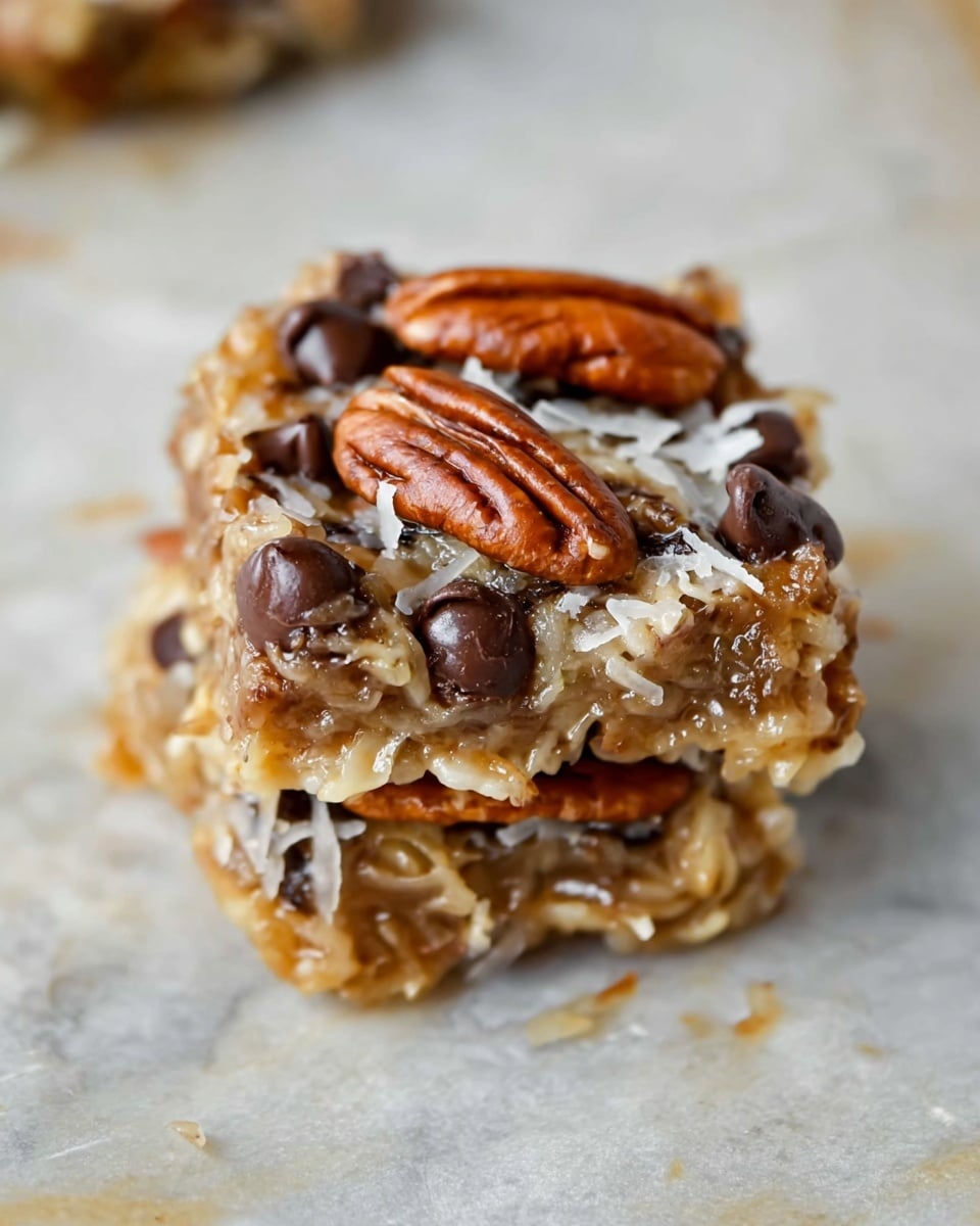 A small cluster of dessert pieces stacked closely together, featuring three main layers: the base layer is sticky and golden brown with visible strands of shredded coconut, the middle layer contains glossy pecan halves arranged neatly, and the top layer is scattered with smooth, dark chocolate chips. The texture looks chewy and slightly glossy, sitting on a sheet of parchment paper over a white marbled surface. photo taken with an iphone --ar 4:5 --v 7