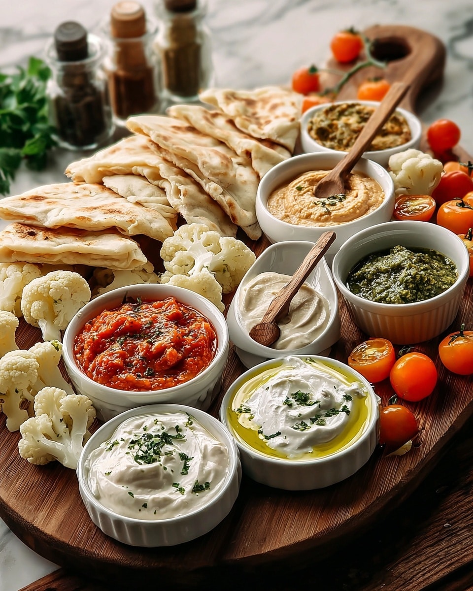 A white round platter is filled with six small white bowls, each containing a different dip arranged closely. The dips are all smooth or slightly chunky with different colors: creamy white with a drizzle of yellow oil and a sprinkle of red spice topped with a small green herb, a dark green chunky dip with a round piece of flatbread dipped in it, a yellowish-green dip topped with chopped green herbs, a bright orange thick dip, a red chunky dip garnished with a small green herb, and a colorful tomato salad with small yellow and red tomatoes garnished with green herbs. Around the bowls, there are pieces of white flatbread and pita bread placed arranged alongside small bunches of bright red cherry tomatoes with green stems, and fresh green rosemary sprigs. All this sits on a white marbled surface. photo taken with an iphone --ar 4:5 --v 7
