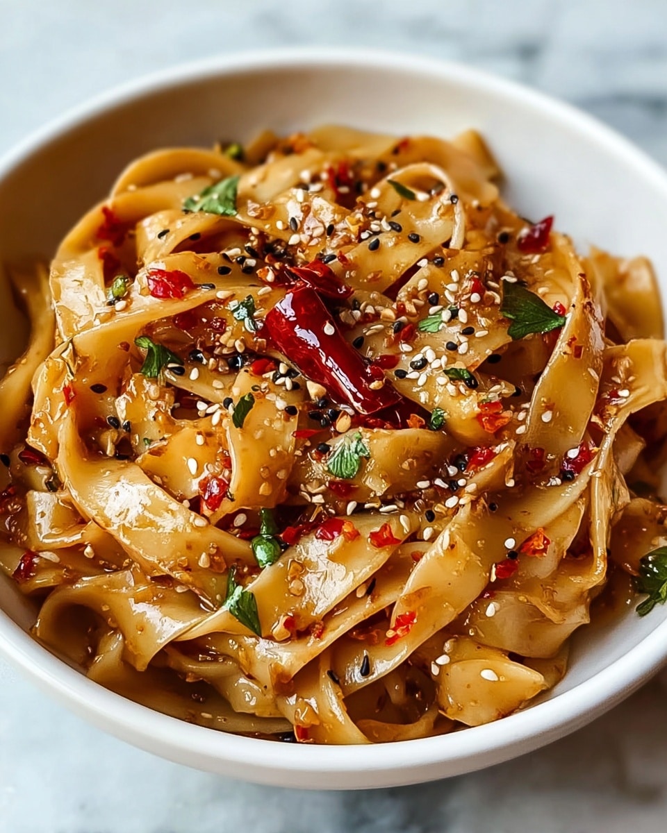 A white bowl filled with several layers of cooked flat noodles that are light brown from sauce, mixed with a few small pieces of red chili pepper scattered throughout. On top, there are sprinkled white and black sesame seeds, and small bits of green herbs are lightly spread across the noodles. The textured noodles glisten with moisture and seasoning, and the bowl sits on a white marbled surface. photo taken with an iphone --ar 4:5 --v 7