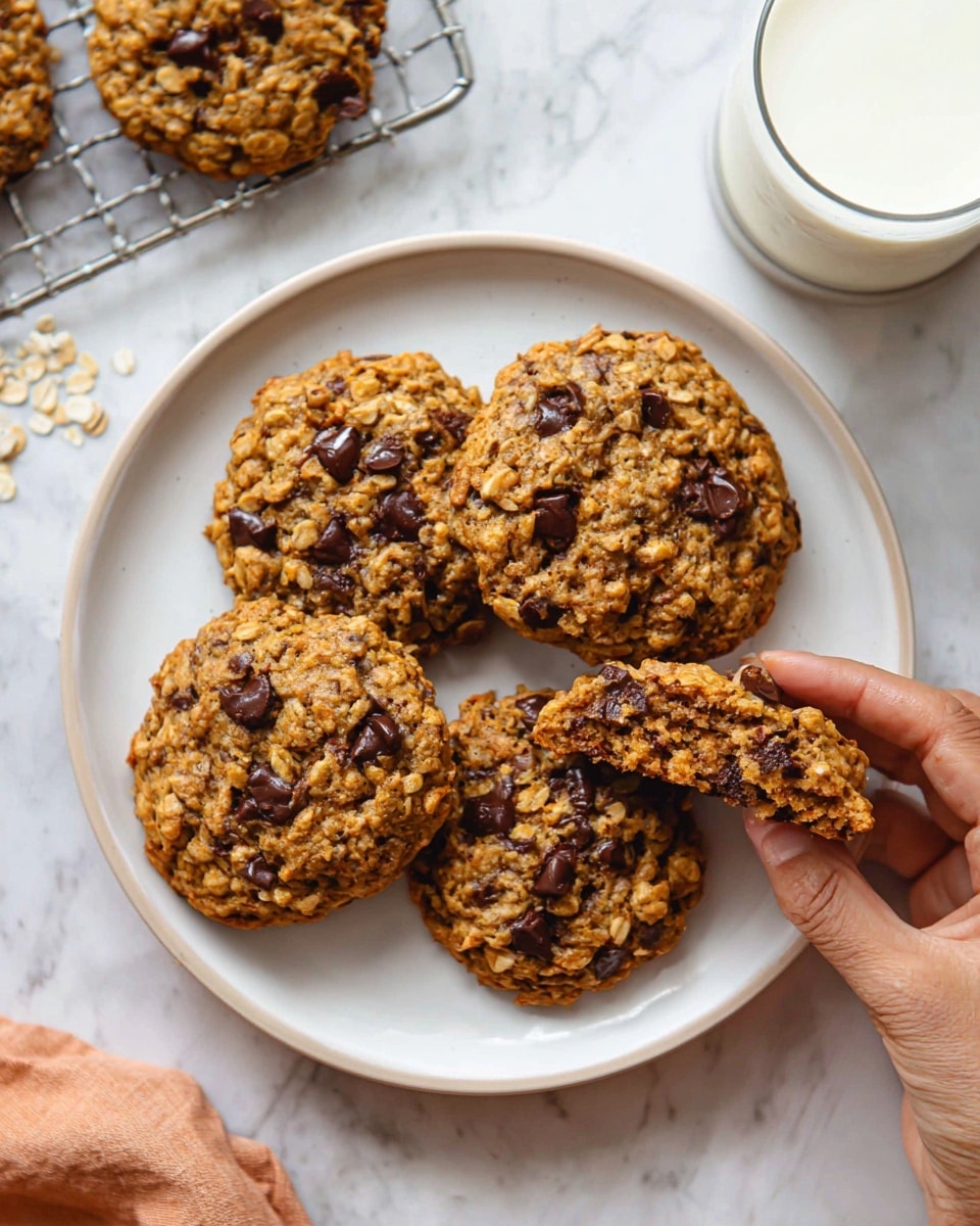 Eight large oatmeal chocolate chip cookies with rough, textured golden brown tops speckled with dark chocolate chips sit on a round black cooling rack. The cookies have visible oats embedded in the surface, giving a chunky, hearty look. The cooling rack rests on a soft white cloth over a white marbled surface. A woman's hand is gently holding the bottom right cookie. In the background, there is a white plate with oats and chocolate chips on the same white marbled surface. photo taken with an iphone --ar 4:5 --v 7