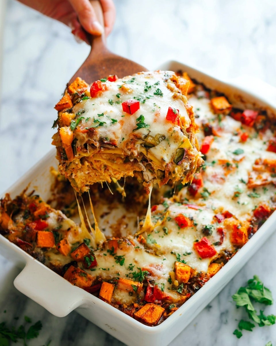 The image shows a white square baking dish filled with a colorful baked casserole. The casserole has a base layer of red tomato sauce topped with melted white cheese sprinkled unevenly. Chunky orange sweet potato pieces and smaller roasted cauliflower florets dot the surface, mixed with bits of red bell pepper and green herbs scattered across. The edges of the dish have slightly browned cheese and sauce drips. The dish is placed on a white marbled surface with some fresh cilantro sprigs nearby. photo taken with an iphone --ar 4:5 --v 7