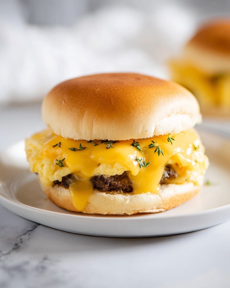 A sandwich on a white round plate with a soft, golden-brown top bun that looks smooth and slightly shiny, garnished with small green herb pieces. Beneath the bun is a layer of bright yellow melted cheese with a gooey texture, covering a fluffy, light-yellow scrambled egg layer. Below the eggs, there is a dark brown sausage patty with a slightly rough surface. The sandwich is set on a white marbled surface with a soft, blurred background. photo taken with an iphone --ar 4:5 --v 7