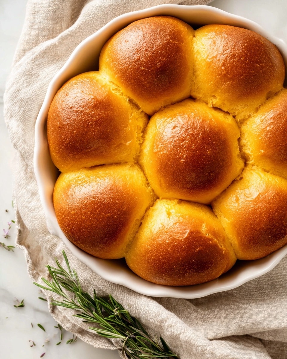 A white ceramic round dish holds seven golden-brown dinner rolls close together in a circular pattern. Each roll has a smooth, shiny top with a rich, warm color that fades into lighter yellow sides, showing a soft and fluffy texture. The dish rests on a beige cloth with a soft, wrinkled texture, and fresh sprigs of green rosemary are placed at the bottom and left side of the cloth. The background surface is a white marbled texture. photo taken with an iphone --ar 4:5 --v 7