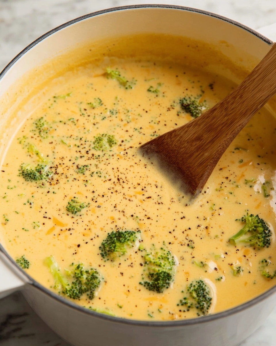 A close-up view of a white pot filled with creamy broccoli cheese soup, showing a smooth, thick, yellowish soup base with small bright green broccoli florets mixed throughout. The surface is sprinkled with cracked black pepper, adding texture and color contrast. A wooden spatula is partially dipped into the soup, with some bits of broccoli clinging to it. The scene is set on a white marbled surface, emphasizing the warm and comforting look of the soup. Photo taken with an iphone --ar 4:5 --v 7