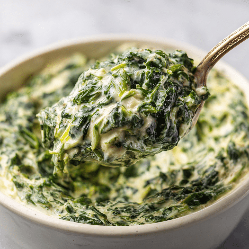 A white oval dish filled with creamy spinach dip, showing a mix of finely chopped dark green spinach leaves and small white onion pieces all coated in a thick, pale cream sauce with visible texture from the ingredients. The dish sits on a blue and white patterned cloth with fringed edges, and a shiny silver spoon rests beside it, reflecting light. The background is a white marbled texture. photo taken with an iphone --ar 4:5 --v 7