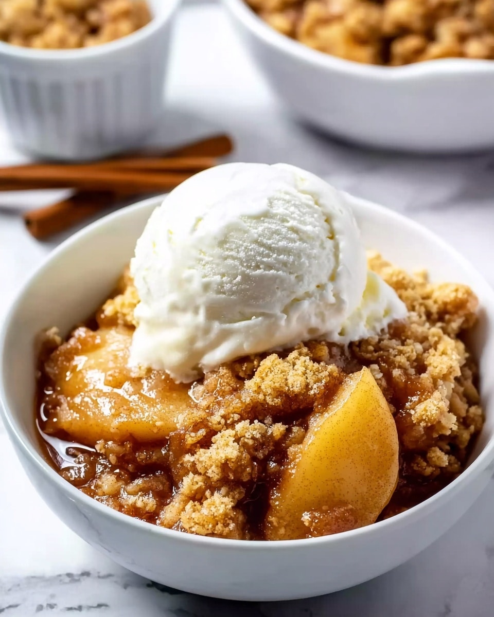 A white bowl holds a warm apple crumble with three main layers: soft, sliced golden apples soaked in syrup at the bottom, topped by a thick, golden-brown crumbly crust with a rough, crunchy texture, and a smooth, round scoop of white vanilla ice cream placed neatly on top. A silver spoon rests inside the bowl on the right side, partially submerged in the apple layer. Next to the bowl, on a white marbled surface, there is a small white ramekin filled with light brown cinnamon powder, and a white cloth napkin is folded gently near the bowl. Photo taken with an iphone --ar 4:5 --v 7