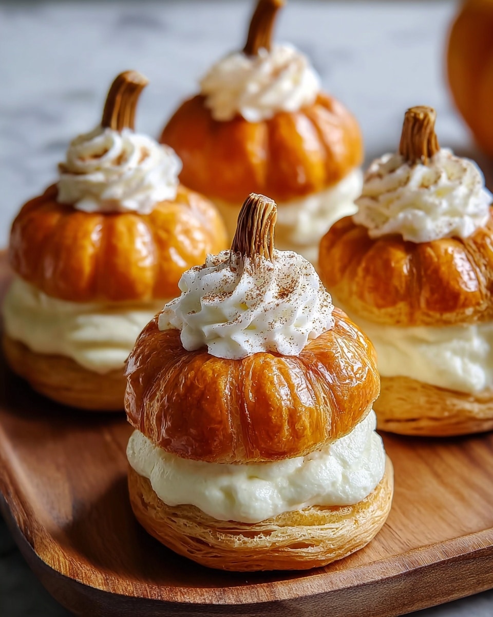 The image shows small pumpkin-shaped pastries with three visible layers: the bottom and top layers are glossy, golden-brown puff pastry shaped like a pumpkin with deep ridges, while the middle layer is creamy white filling, thick and smooth, sandwiched between the pastry halves. On top of each pastry is a dollop of white whipped cream with a rough texture, crowned with a greenish-brown pumpkin stem sticking out, and a light sprinkle of brown cinnamon powder. The pastries are placed on a wooden board with some brown parchment, all set on a white marbled surface. Photo taken with an iphone --ar 4:5 --v 7