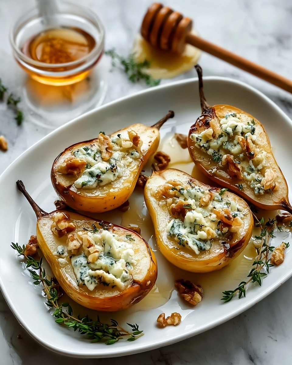Five golden brown roasted pear halves are arranged on a white plate, each topped with a creamy, slightly crumbly blue cheese mixed with fresh green herbs. Small clusters of crunchy walnut pieces are scattered on top and around the pears. The pears have a glossy look from a drizzle of honey pooling gently on the plate. Sprigs of fresh thyme add a touch of green, placed both on the pears and the plate. In the background, there is a small glass bowl of honey with a wooden honey dipper resting inside. The whole scene is set on a white marbled surface. photo taken with an iphone --ar 4:5 --v 7