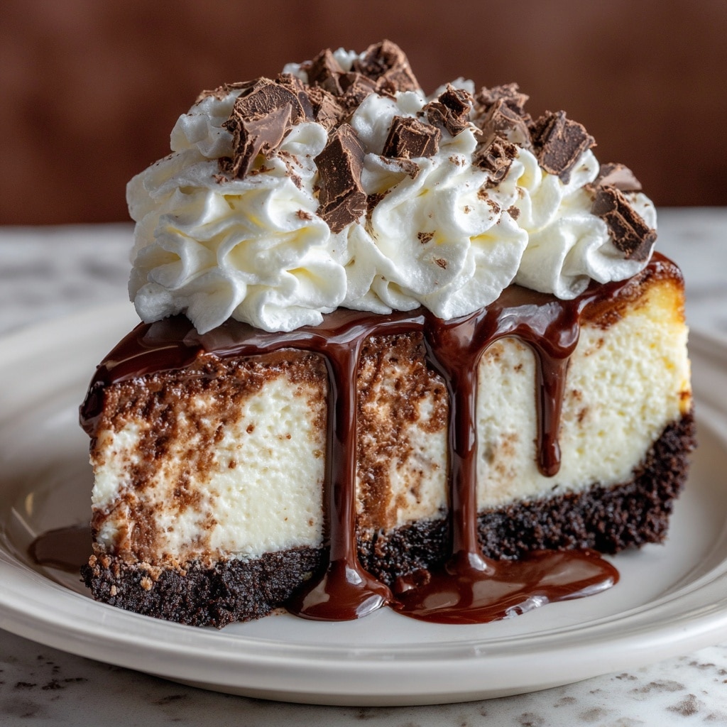 A slice of cheesecake with three visible layers sits on a white plate over a white marbled texture. The bottom layer is a dark, crumbly chocolate crust. The middle layer is creamy white with swirls of rich chocolate marbling through it. The top layer is smooth, thick white cheesecake, covered with a generous drizzle of shiny dark chocolate sauce that flows over the sides and pools on the plate. On top, there is a large swirl of fluffy white whipped cream sprinkled with chunks of dark chocolate pieces. The background is slightly blurred brown, and the photo taken with an iphone --ar 4:5 --v 7