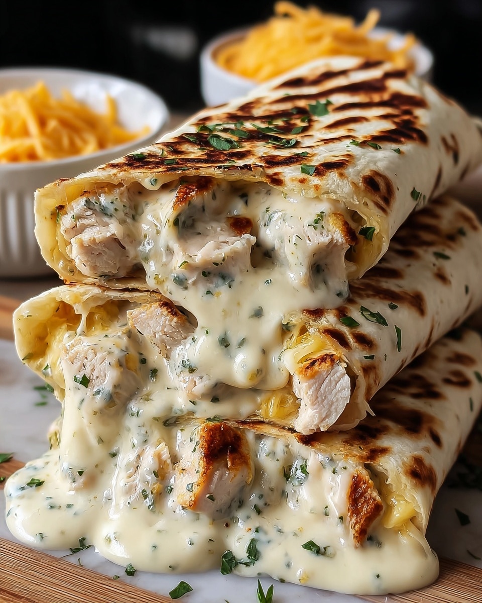 The image shows a close-up of three grilled wraps stacked on each other, each filled with chunks of grilled white chicken, melted yellow cheddar cheese, and creamy white sauce with green herbs mixed in. The wraps are lightly toasted with browned spots and small green herbs sprinkled on top. The creamy sauce is overflowing from the ends of the wraps, blending with the chicken and cheese inside. The background has a bowl with shredded yellow cheese and a white marbled texture surface. Photo taken with an iphone --ar 4:5 --v 7