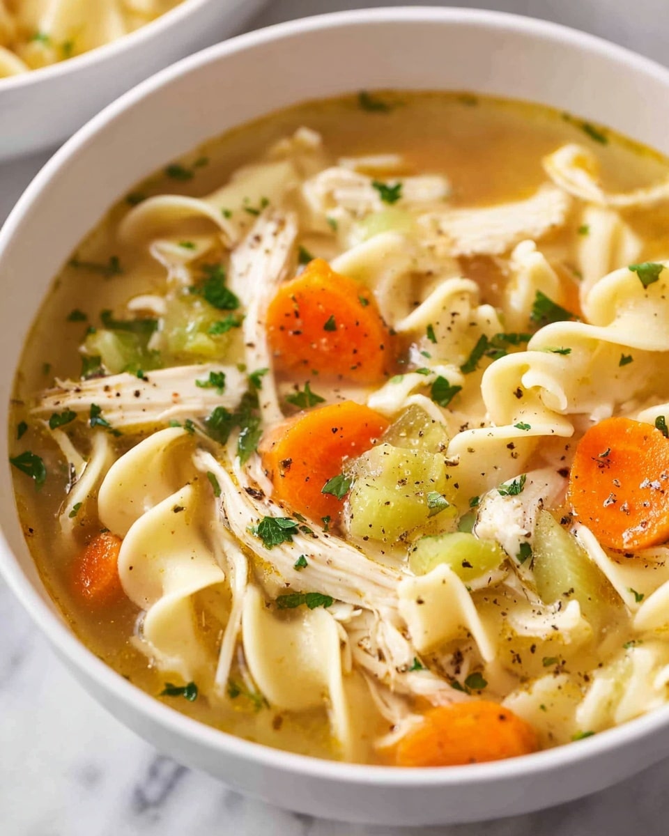 A white bowl filled with chicken noodle soup sits on a white marbled surface. The soup has clear broth with a yellow tint, filled with three main layers: orange carrot slices, pale yellow celery pieces, and shredded white chicken. There are also broad flat egg noodles curved around inside, light cream in color. Small green parsley bits sprinkle on top with some black pepper. In the background, there is another white bowl with the same soup, a silver spoon nearby, and some green herbs scattered on the surface. photo taken with an iphone --ar 4:5 --v 7