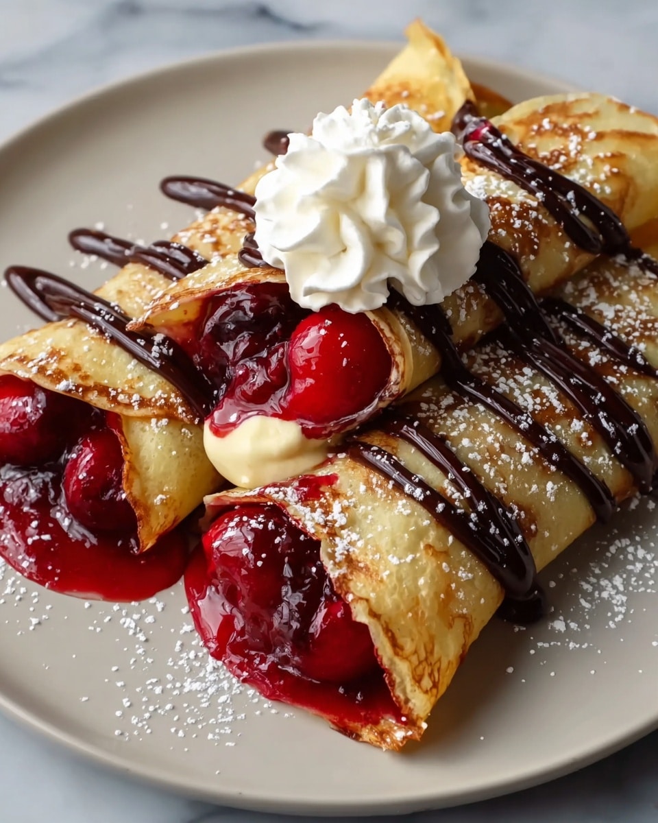 Two folded crepes lie on a white plate, each filled with a rich, glossy red cherry sauce and a layer of creamy, pale yellow filling. The crepes have a light golden-brown color with a slightly crispy texture. There are chocolate sauce stripes drizzled across the top of the crepes, and a small swirl of white whipped cream sits on the top crepe. The plate is dusted with powdered sugar, all set on a white marbled texture. photo taken with an iphone --ar 4:5 --v 7