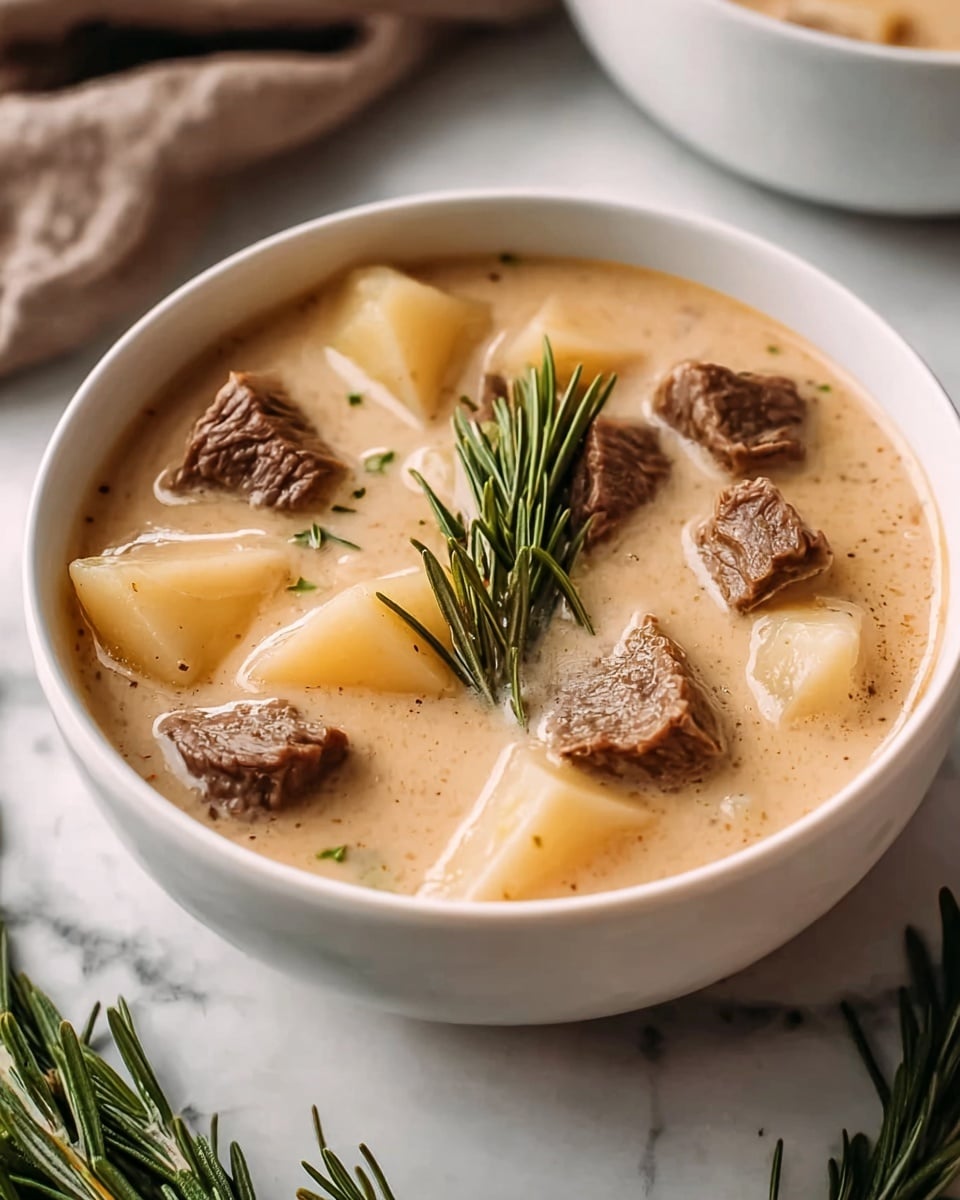 A white bowl filled with creamy soup shows several large, soft-looking, light beige potato chunks and dark brown, tender beef pieces floating on top. A few thin sprigs of fresh green rosemary garnish the soup in the center, adding color contrast. The soup’s surface is smooth and thick, with a pale beige color. The bowl sits on a white marbled surface with a brown cloth partially visible nearby. Photo taken with an iphone --ar 4:5 --v 7