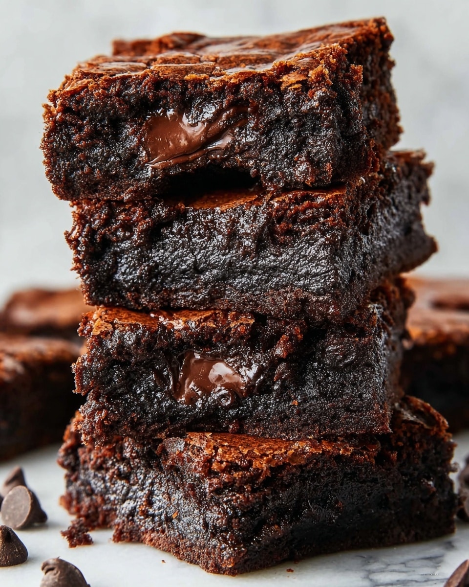 A close-up view of a stack of four thick chocolate brownies on a white marbled surface, each layer showing a rich, dark brown color with a fudgy, moist texture. The top brownie has a cracked, slightly shiny crust with gooey melted chocolate visible inside. The middle layers show soft, dense interiors mixed with small melted chocolate chunks that glisten. The bottom brownie rests flat with visible crumbly bits around, and some scattered chocolate chips lie on the surface nearby. photo taken with an iphone --ar 4:5 --v 7