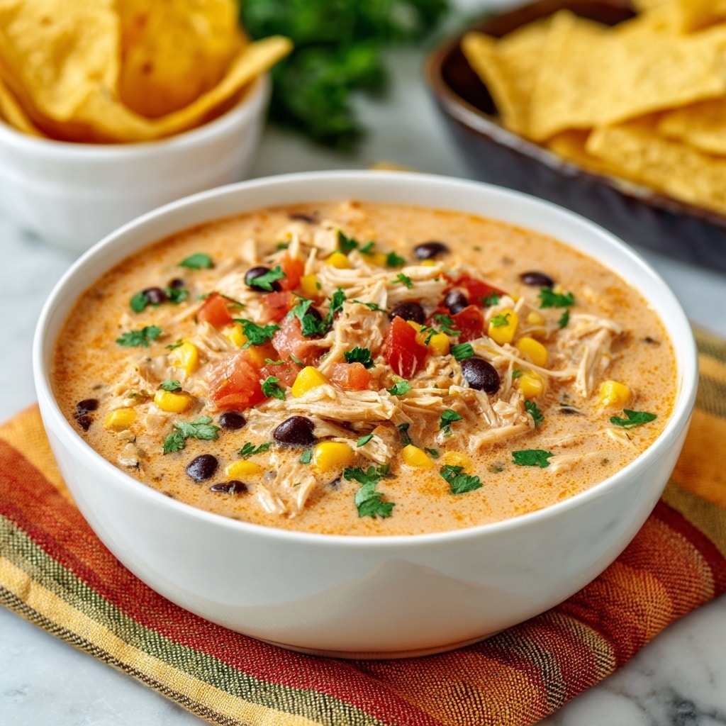 A white bowl filled with creamy light orange chili that has shredded chicken mixed in, topped with black beans, yellow corn kernels, small red tomato bits, and chopped green herbs. The bowl sits on a colorful striped cloth with yellow, orange, green, and red stripes. To the side, there is a pile of light brown tortilla chips and a white tray holding three long, pale yellow corn pieces. The background shows a white marbled surface with some green herbs peeking from the left side. photo taken with an iphone --ar 4:5 --v 7