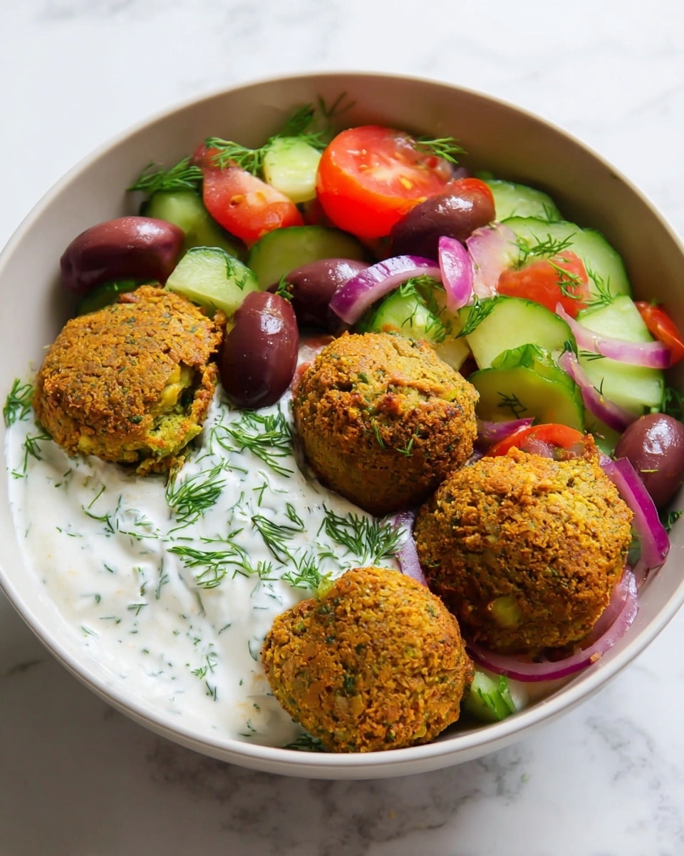 A white bowl filled with four golden-brown falafel balls with a rough, crumbly texture, placed slightly off-center. Around the falafel, there are small blobs of white yogurt sauce with green herb bits mixed in. The bowl also contains a fresh salad made of bright red cherry tomato halves, slices of light green cucumber, thin light purple onion strips, and green bell pepper slices, all sprinkled with green dill. Scattered around the falafel and salad are several dark purple Kalamata olives. The bowl is set on a white marbled surface. photo taken with an iphone --ar 4:5 --v 7