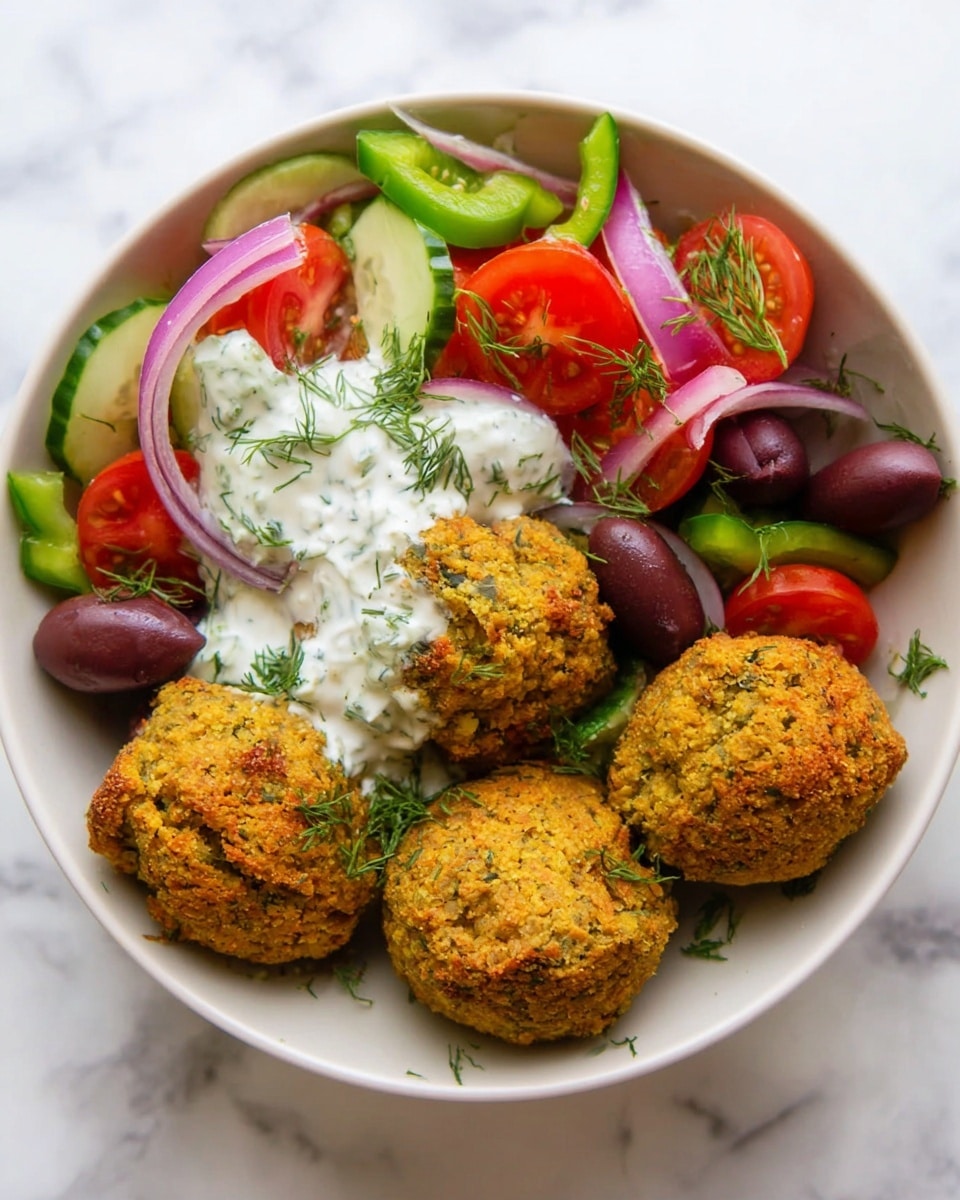 The dish shows a white bowl filled with four golden-brown falafel balls that have a rough texture and some green herbs visible inside. The falafel are placed on top of a white yogurt sauce with small green dill pieces mixed in. Surrounding the falafel are dark purple olives and a fresh salad made of bright green cucumber slices, red cherry tomato halves, thin slices of light purple onion, and light green bell pepper rings. The salad is sprinkled with small green dill leaves, and everything sits on a white marbled surface. Photo taken with an iphone --ar 4:5 --v 7