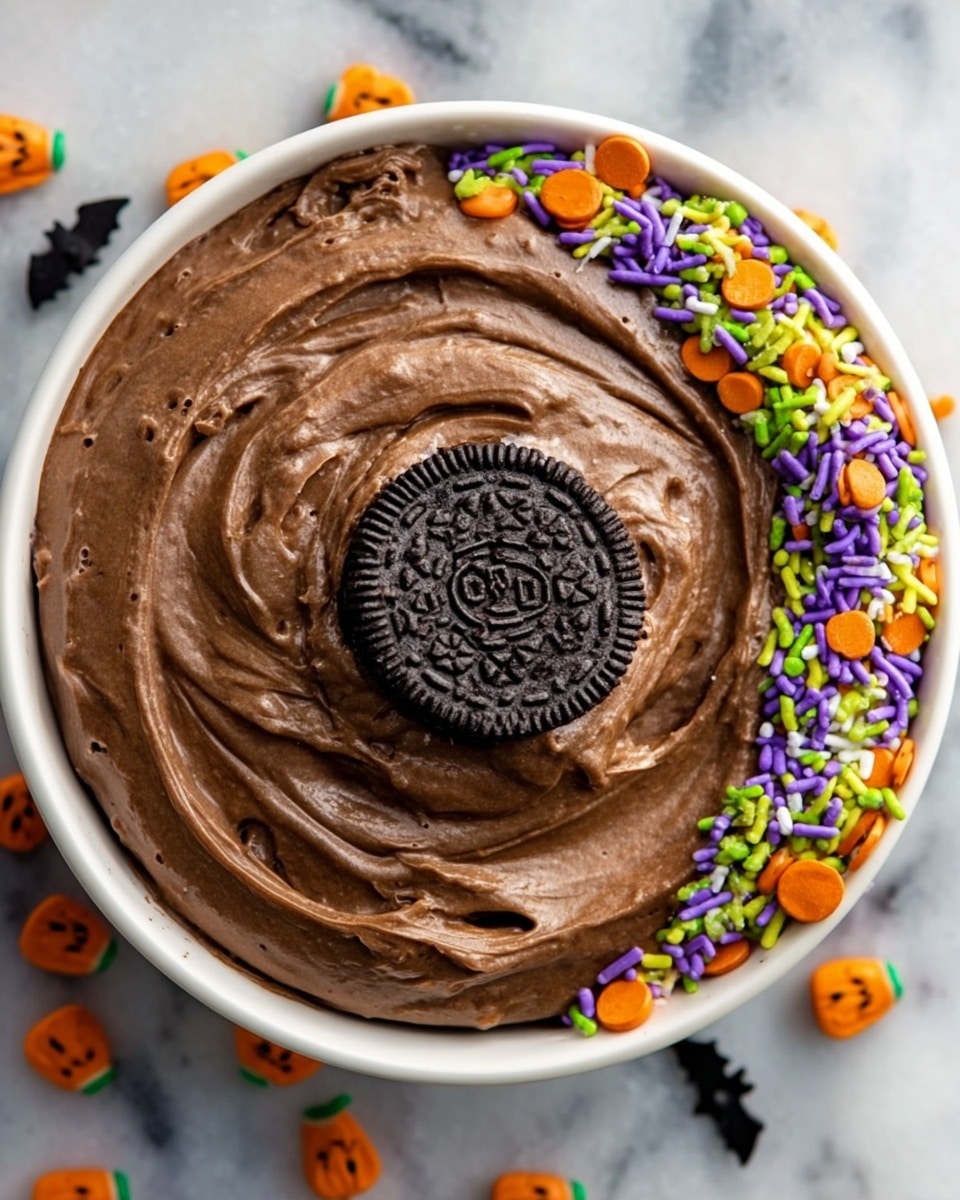A white bowl filled with smooth, thick chocolate dip topped with a single Oreo cookie placed in the center. Around the cookie, there is a curved line of colorful Halloween-themed sprinkles in shapes of orange pumpkins, black bats, and purple bits. The bowl is set on a white marbled surface with some cookies and pretzels partially visible around it. A woman's hand is holding the edge of the bowl on the right side. photo taken with an iphone --ar 4:5 --v 7