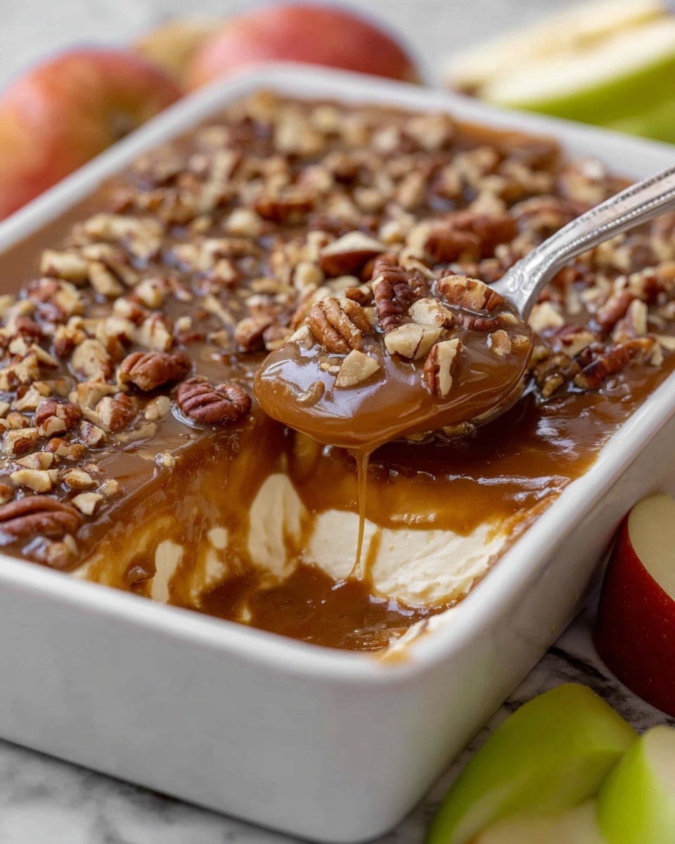 A close-up view of a layered dessert shows a top layer of smooth, glossy caramel sauce sprinkled evenly with chopped pecans in reddish-brown tones with a slightly rough texture. Below, a creamy, off-white layer of whipped topping swirls softly, mingled with streaks of caramel sauce that create a marbled effect. In the bottom part of the image, a spoon is scooping into the dessert, showing the thickness and creamy texture of the layers. The dessert sits on a white marbled surface. photo taken with an iphone --ar 4:5 --v 7