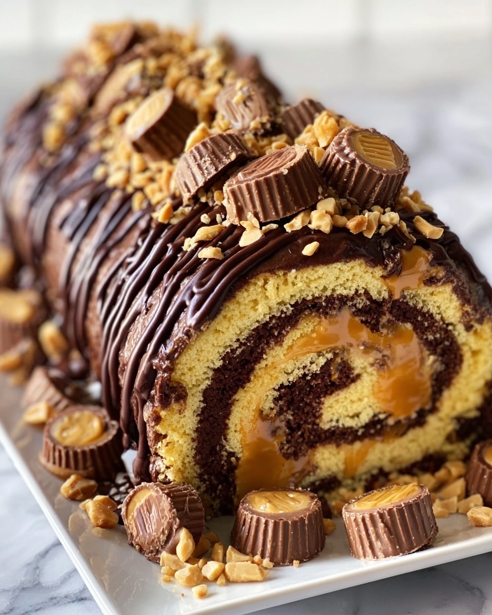 A close-up view of a chocolate roll cake with four visible layers spiraled tightly: a light brown cake layer, a thin dark chocolate layer, a creamy caramel layer with nut pieces, and a shiny dark chocolate drizzle on top, decorated with small caramel-coated nuts. The roll sits on a white rectangular plate, surrounded by mini peanut butter cups and caramel candies. The background features a white marbled texture, adding a clean and elegant look. Photo taken with an iphone --ar 4:5 --v 7