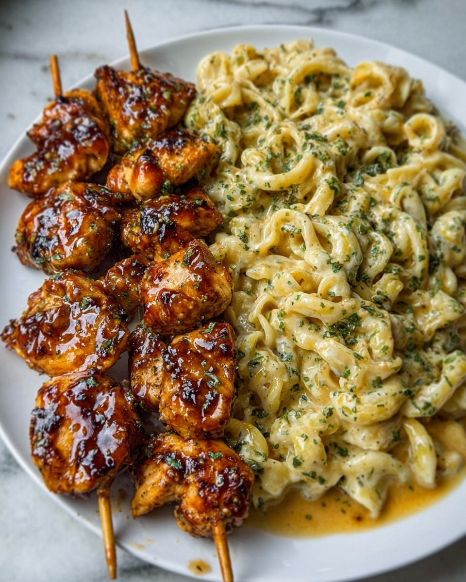 The image shows a white plate with two main layers: on the left side, there is a skewer with about eight pieces of grilled chicken glazed in a shiny, dark brown sauce with hints of spices, and on the right side, there is a creamy pasta coated with a light beige sauce, sprinkled with green herbs on top. The chicken pieces have a slightly charred texture, and the sauce pools slightly around the skewer, mixing a little with the pasta sauce. The white marbled background adds a clean, bright look to the scene. Photo taken with an iphone --ar 4:5 --v 7