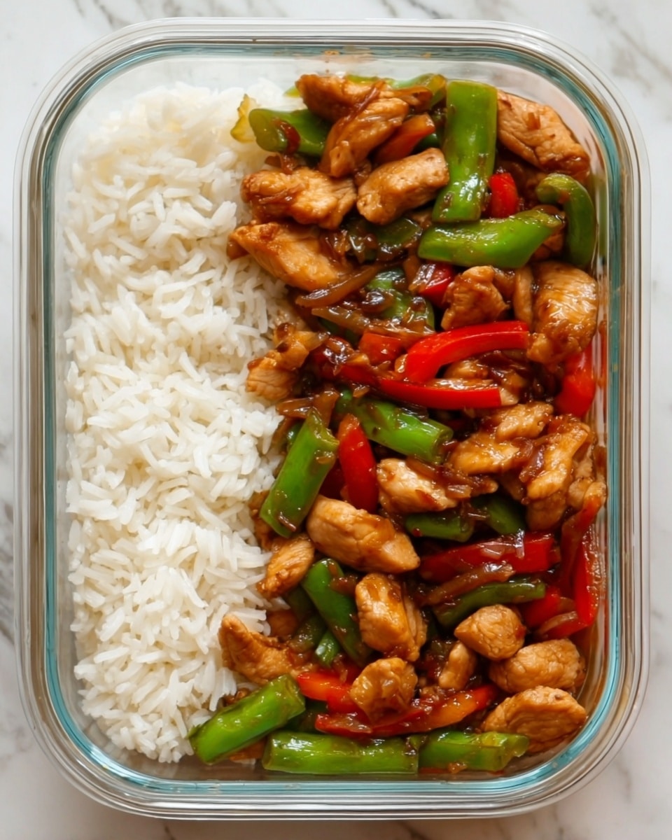 The image shows a square white container with a two-layer meal inside. The top half is filled with fluffy white rice with a soft texture. The bottom half has a colorful chicken stir-fry with pieces of cooked chicken, bright red and green bell pepper chunks, and snap peas, all coated in a glossy brown sauce. The colors are rich and the vegetables look fresh and crisp. The container sits on a white marbled surface. photo taken with an iphone --ar 4:5 --v 7