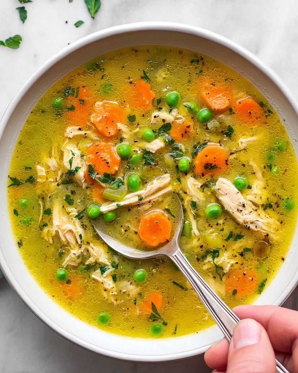A white bowl filled with a bright yellow broth soup containing shredded chicken, round orange carrot slices, and small green peas scattered throughout. There are also pieces of celery with a light green color and a sprinkle of finely chopped green herbs on top. The soup has a slightly oily surface with black pepper specks adding texture. A shiny silver spoon scoops some of the soup, held by a woman's hand with light skin and neatly manicured nails, against a white marbled textured background. Photo taken with an iphone --ar 4:5 --v 7