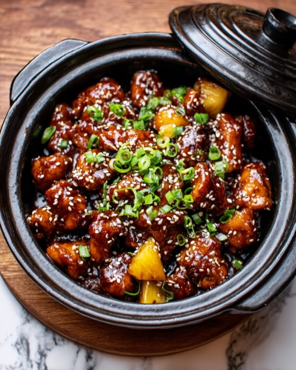 The image shows a white bowl filled with a base layer of white rice. On top of the rice, there is a thick layer of glazed chicken pieces coated in a shiny, dark brown sauce. The chicken is garnished with small green onion slices and sprinkled with white sesame seeds, adding texture. The bowl is placed on a white marbled surface. Photo taken with an iphone --ar 4:5 --v 7