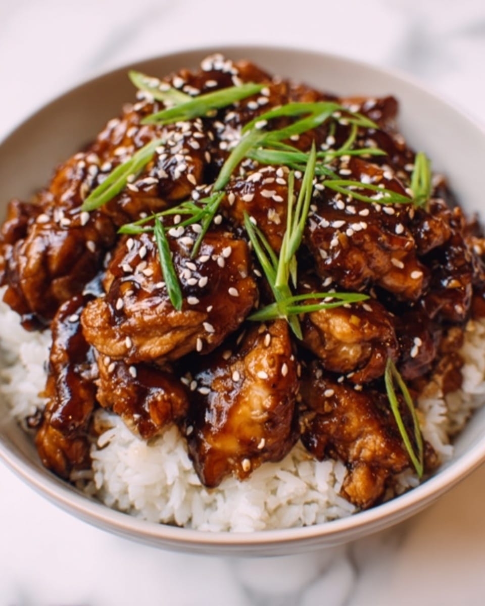 The dish is served in a black round clay pot with a matching lid handle on the side. Inside, there are several pieces of glazed chicken coated in a shiny, thick dark brown sauce, scattered with white sesame seeds and small chopped green onions on top. The chicken pieces are chunky and tender, with some vegetables like yellow chunks of pineapple or bell pepper mixed in, adding a bit of brightness. The pot sits on a wooden surface, but the background is changed to a white marbled texture. Photo taken with an iphone --ar 4:5 --v 7