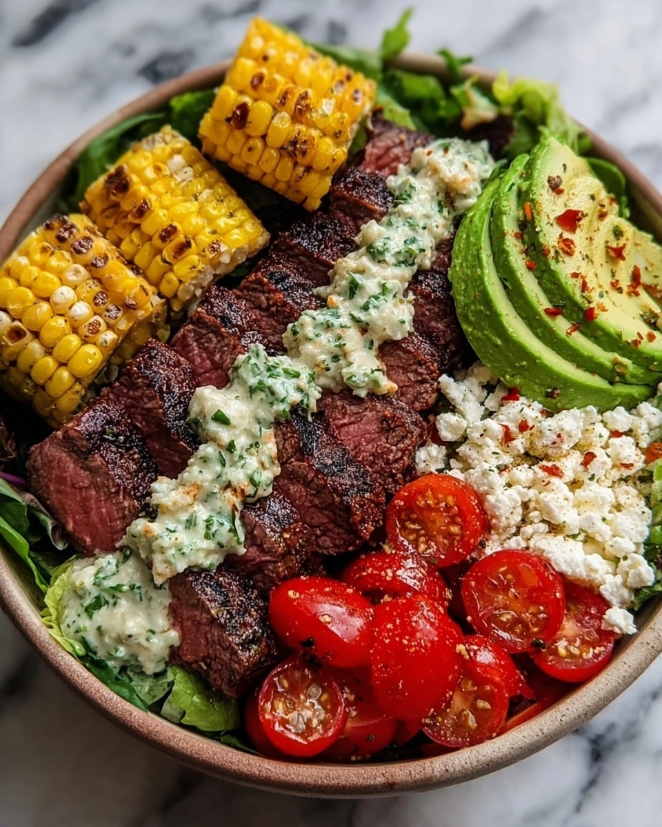 A white bowl filled with layers of fresh green leafy lettuce as the base, topped with grilled corn cobs that are bright yellow with light char marks on the left side; next to the corn are five slices of grilled steak cooked medium rare with a dark brown crust and pink inside, drizzled with a light green creamy sauce and sprinkled with chopped green herbs and red spices; above the steak, several slices of light green avocado with a smooth texture fan out; on the right side, there are small bright red cherry tomatoes cut in halves sprinkled with red spices, and beside them is a small portion of crumbly white cheese; the whole bowl is arranged neatly on a white marbled surface. photo taken with an iphone --ar 4:5 --v 7