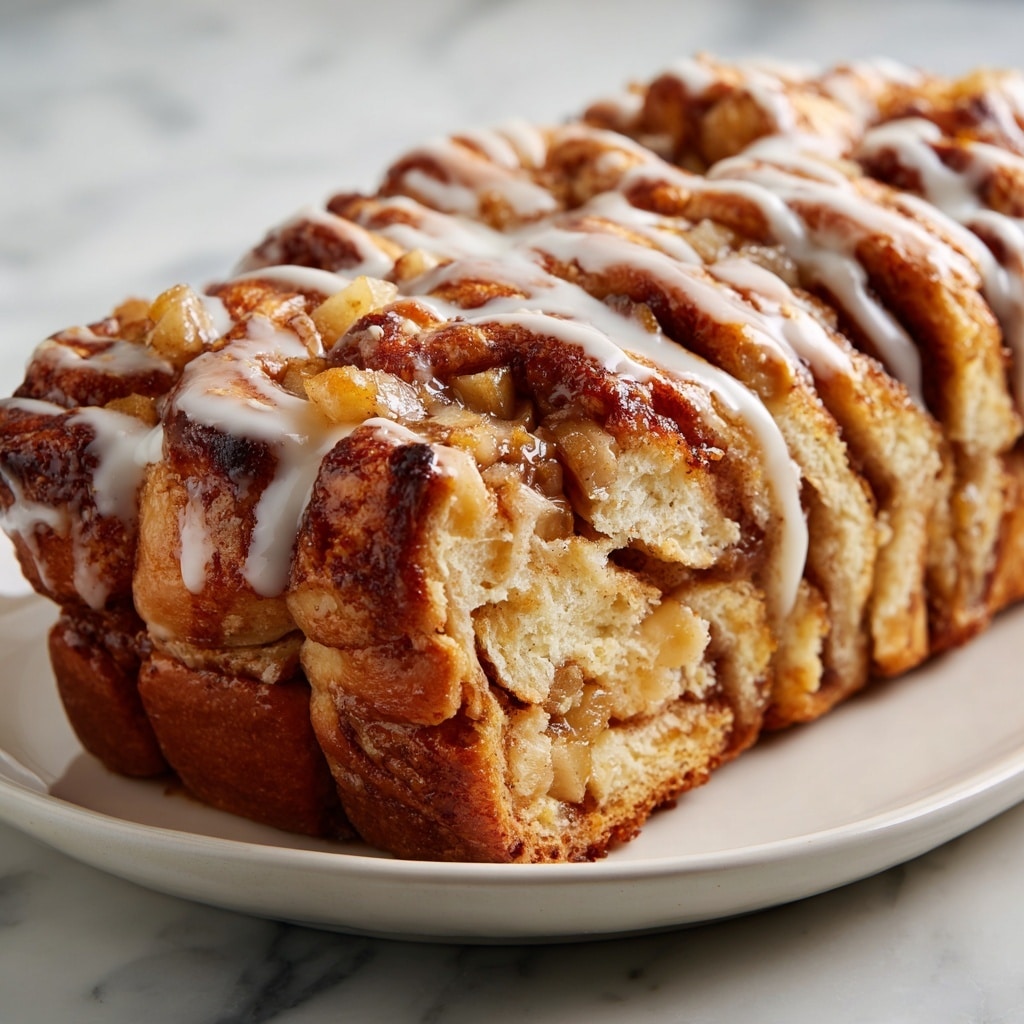 A close-up view of a pull-apart cinnamon roll loaf with multiple layers of golden brown dough twisted and folded, showing soft, fluffy texture with swirls of cinnamon sugar inside. Each layer is coated in shiny, sticky glaze and topped with white icing drizzled in thin lines across the whole loaf. The loaf sits in a white dish, placed on a table with a white marbled texture surface. Photo taken with an iphone --ar 4:5 --v 7