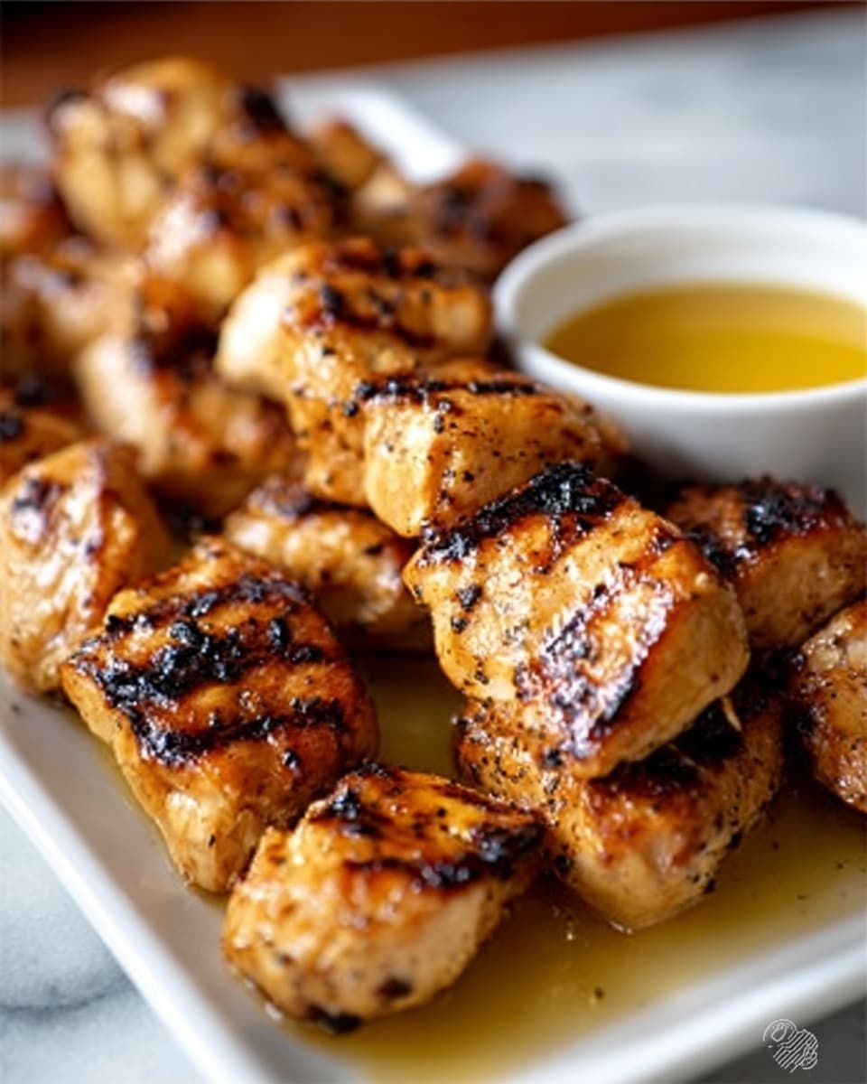 The image shows a white rectangular plate filled with several grilled chicken skewers. The chicken pieces are golden brown with visible char marks and a slightly shiny glaze, giving them a juicy and well-cooked look. The skewers are arranged neatly on the plate, and in the background, there is a small round white bowl with a yellow lemon wedge and another small round white bowl with a brown dipping sauce. The surface beneath the plate is a white marble texture. Photo taken with an iphone --ar 4:5 --v 7