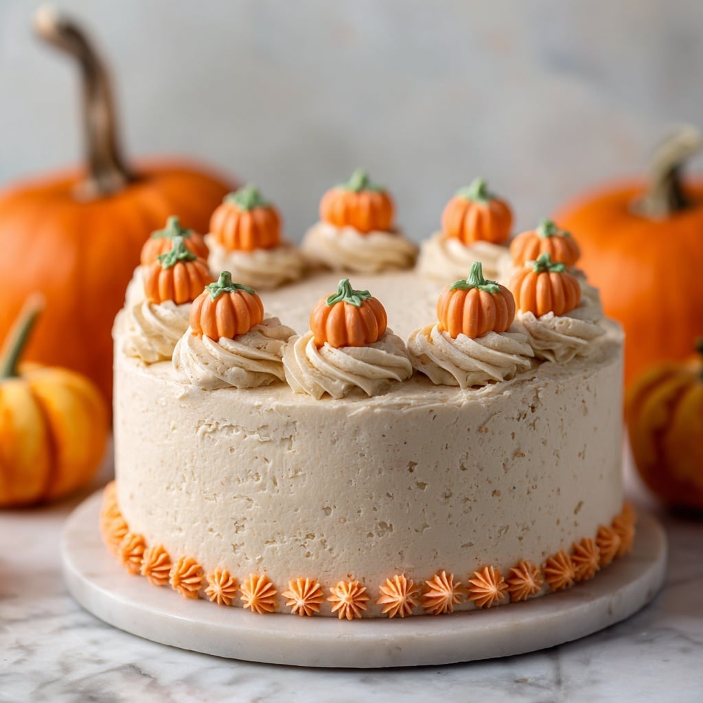A two-layer round cake covered in smooth light beige frosting stands on a white marbled textured surface. The cake top features a swirl pattern in the middle and is decorated with eight evenly spaced light beige frosting rosettes around the edge, each topped with a small, detailed orange pumpkin made of icing with green stems. The bottom edge of the cake is bordered with small orange frosting stars, adding texture and color contrast. The background includes three real orange pumpkins, slightly blurred. Photo taken with an iphone --ar 4:5 --v 7