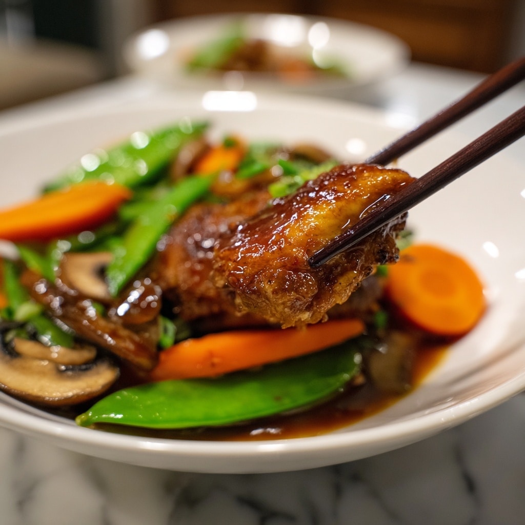 The image shows a colorful stir-fry dish in a black pan with a wooden spoon resting on the side. The dish has several layers: at the bottom, light brown bean sprouts with a slightly translucent look are scattered. On top, there are bright orange carrot slices and small, pale yellow baby corn pieces. Fresh green snap peas add vibrant color and smooth texture. Light brown, tender pieces of cooked chicken are mixed throughout, along with sliced white and brown mushrooms that add a soft, rounded shape. The entire dish is coated in a dark glossy sauce that gives a shiny, moist appearance. photo taken with an iphone --ar 4:5 --v 7