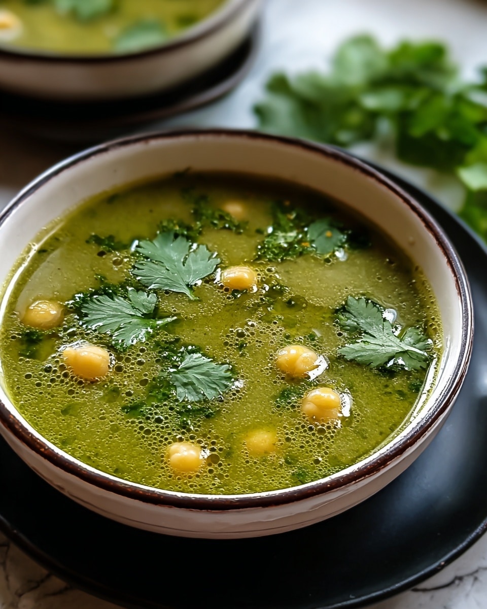 A close-up image of a bowl filled with a thick green soup, showing a slightly frothy and oily surface. The soup has dark green leafy pieces floating on top, along with several small, round, bright orange items clustered near the center. The bowl is white and placed on a white marbled surface, giving a clean and simple background. The image captures the texture of the soup well, with the oil droplets and leafy bits clearly visible. Photo taken with an iphone --ar 4:5 --v 7