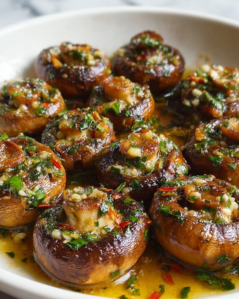 The image shows a close-up of cooked whole mushrooms arranged closely in a white bowl, each mushroom browned and glistening with a shiny, oily sauce. The mushrooms are covered in finely chopped green herbs, small pieces of garlic, and bits of red tomato, all mixed into the sauce that pools around them. The mushrooms vary slightly in size but are roughly the same color, with golden brown tops and darker browned sides, giving a rich and juicy texture. Photo taken with an iphone --ar 4:5 --v 7
