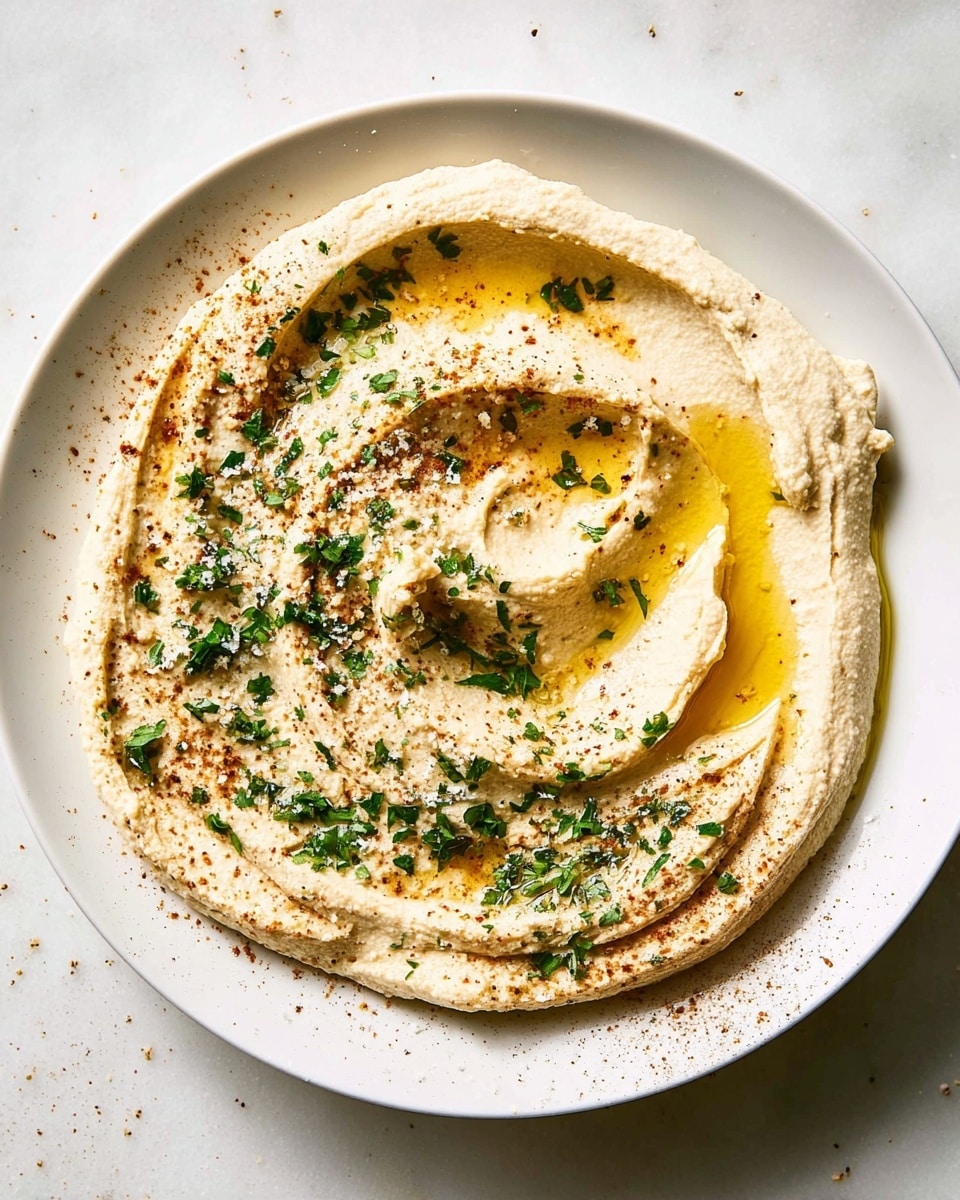 A white plate holds a swirl of creamy, light beige hummus arranged in about three thick, smooth layers with a few peaks and valleys showing the soft texture. Golden olive oil pools in the middle and trails along the ridges, shimmering under the light. Small specks of ground spice, possibly paprika, dust the top, along with scattered coarse salt flakes that catch the light. Fresh green chopped herbs are sprinkled unevenly across the hummus, adding a fresh contrast. The plate rests on a white marbled surface with a few drops of oil nearby. Photo taken with an iphone --ar 4:5 --v 7