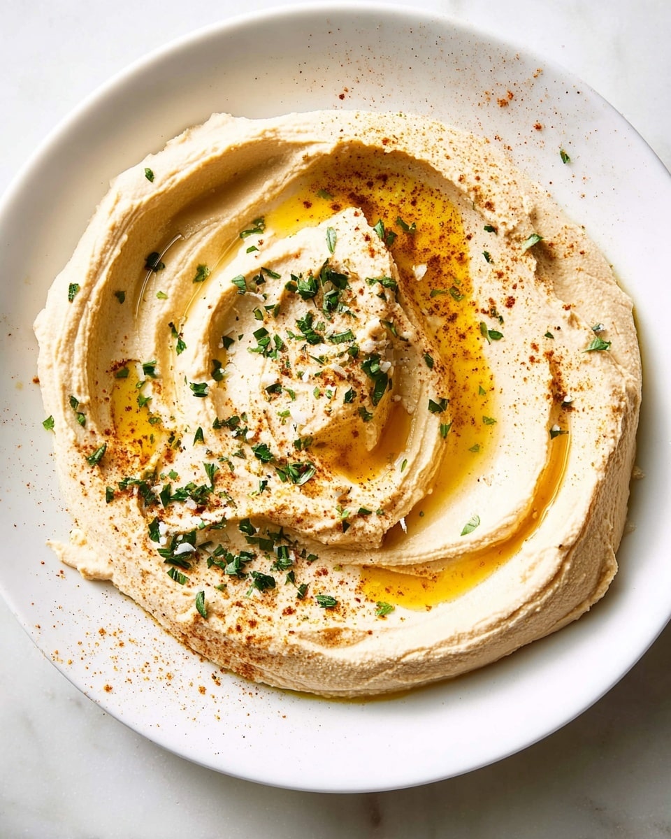 A white round plate holds a thick, creamy layer of light beige hummus spread in swirling motions with uneven peaks and valleys. The hummus is topped with a drizzle of golden olive oil pooled in the center and along one side, sprinkled with small bright green chopped herbs and fine black pepper. Coarser grains of salt and a light dusting of reddish-brown spice are scattered around the surface giving texture and color contrast. The plate sits on a white marbled surface with a few drops of olive oil around it. Photo taken with an iphone --ar 4:5 --v 7