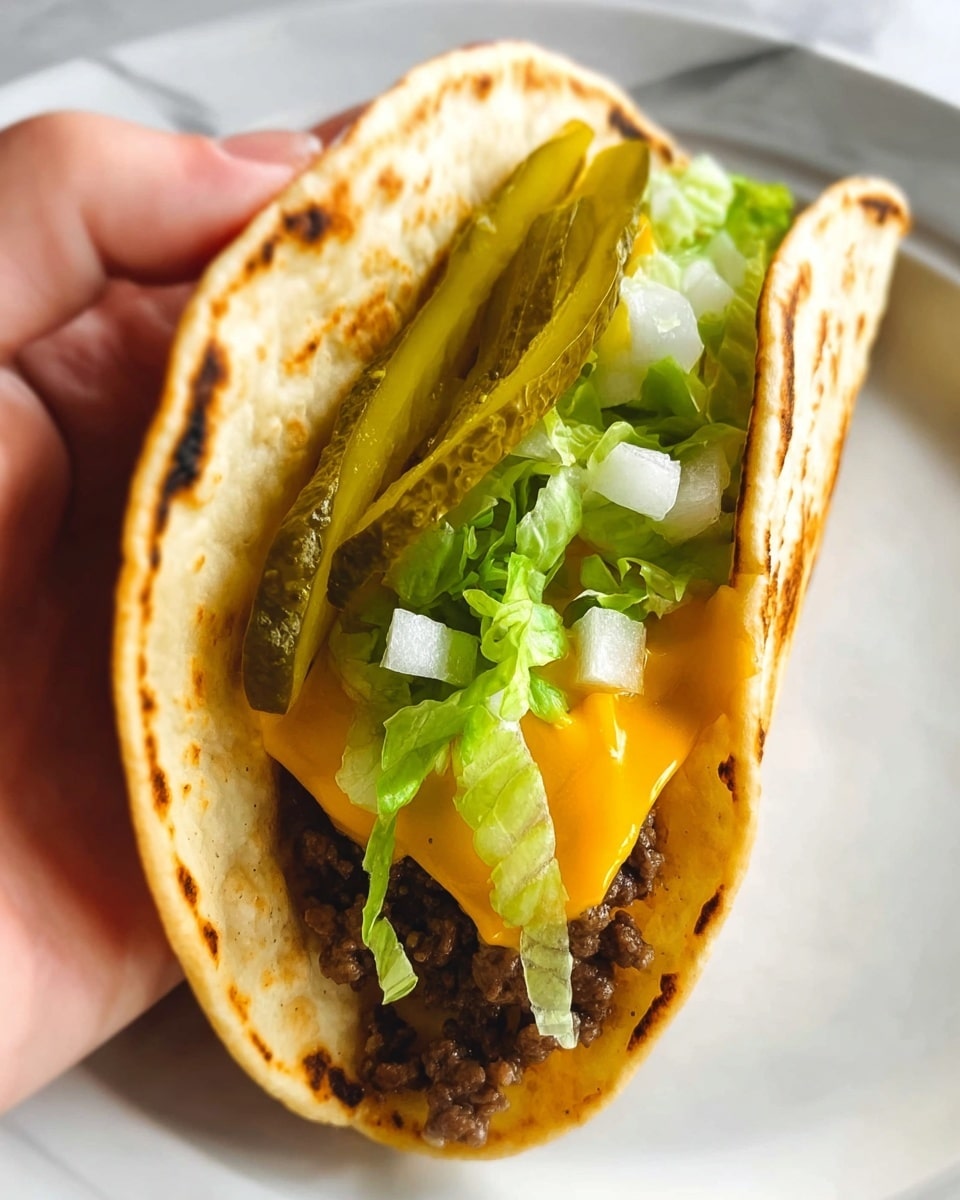 A close-up shows a soft taco held by a woman's hand, with a white marbled texture behind. The taco has one folded pale tan tortilla with slight browning and char marks on the edges. Inside, the first layer is melted bright orange cheddar cheese covering cooked dark brown ground beef. On top of that, there are two wide, ridged green pickle slices, shredded crisp light green lettuce, and small chopped white onions scattered around. A white plate sits below the taco, visible in the background. Photo taken with an iphone --ar 4:5 --v 7