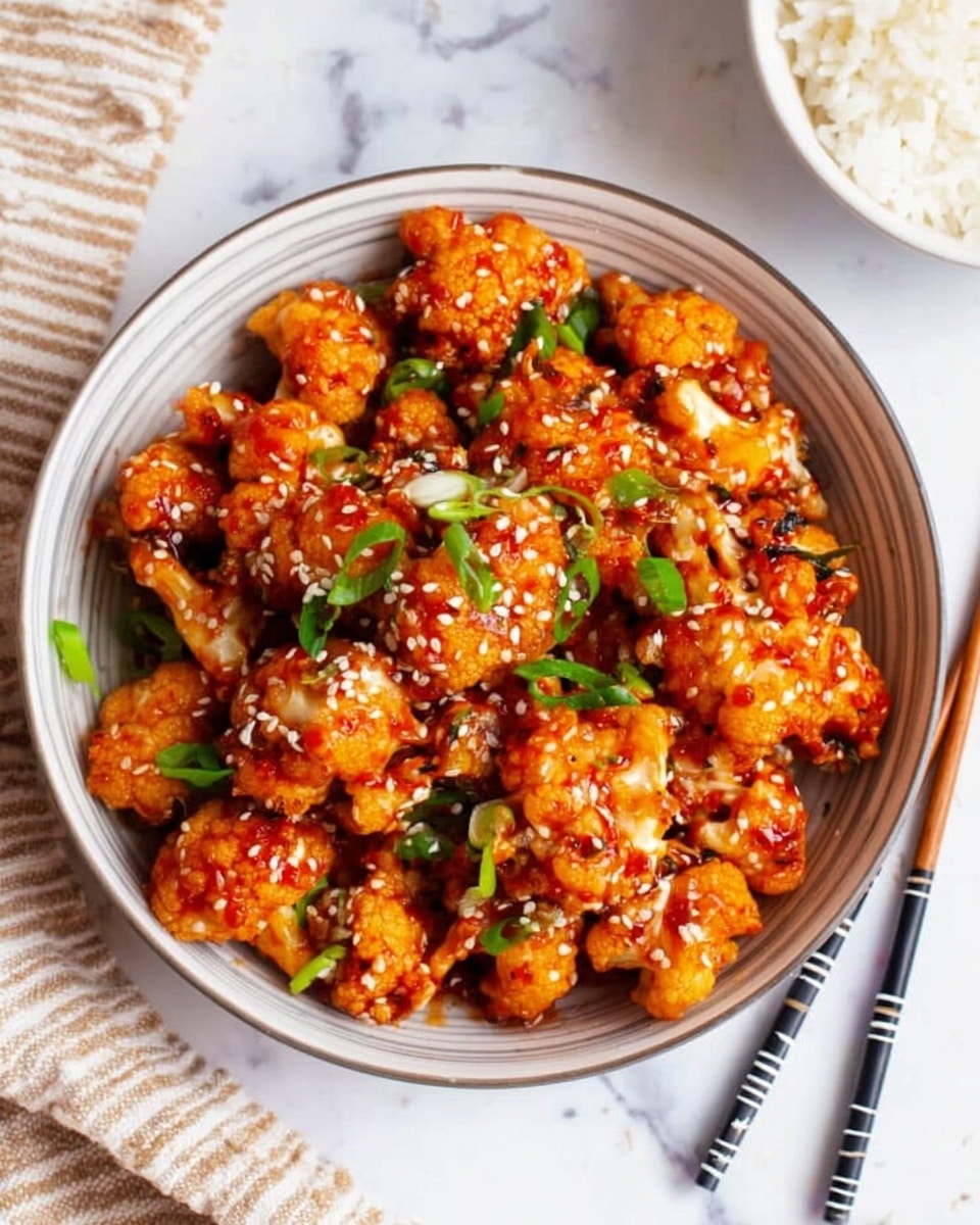 A patterned white bowl filled with a dish of bright orange glazed cauliflower pieces, coated in a sticky sauce and sprinkled evenly with white sesame seeds and small green onion slices, sits slightly tilted with black and white chopsticks on the right side resting on the white marbled surface, with a corner of a white bowl of rice partially visible in the top left corner, and a beige striped cloth in the bottom left corner. photo taken with an iphone --ar 4:5 --v 7