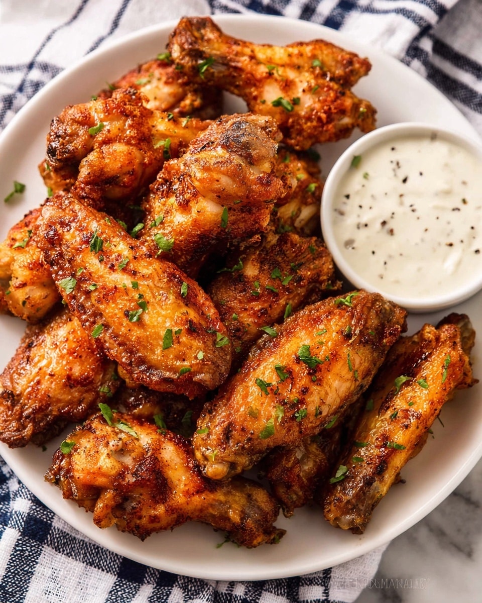 A white plate full of about ten golden brown chicken wings with a crispy texture, small black pepper spots, and garnished with small pieces of green parsley scattered over the wings. On the right side of the plate is a white ramekin filled with creamy white dipping sauce with black pepper flecks. The plate sits on a soft cloth with a black and white checkered pattern. The background is a white marbled texture. photo taken with an iphone --ar 4:5 --v 7
