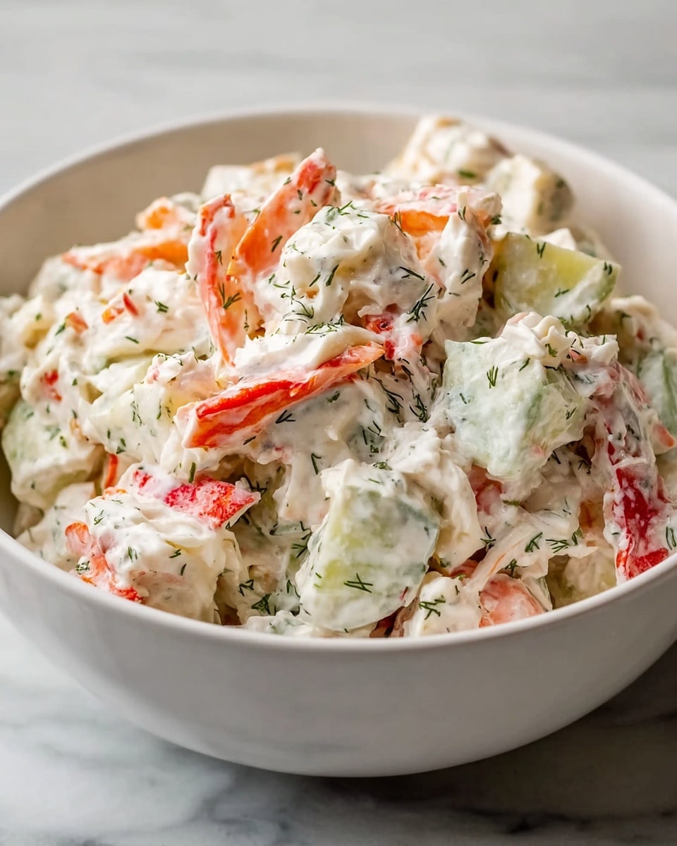 A close-up view of a white bowl filled with a creamy salad that has three main layers: a base of diced white potatoes, small chunks of pale green celery scattered throughout, and bright orange pieces of imitation crab meat, all covered in a thick, white dressing speckled with dark green herbs. The textures are soft and creamy with visible bits of vegetables and seafood, creating a loosely mixed, chunky look. The bowl sits on a white marbled textured surface. photo taken with an iphone --ar 4:5 --v 7