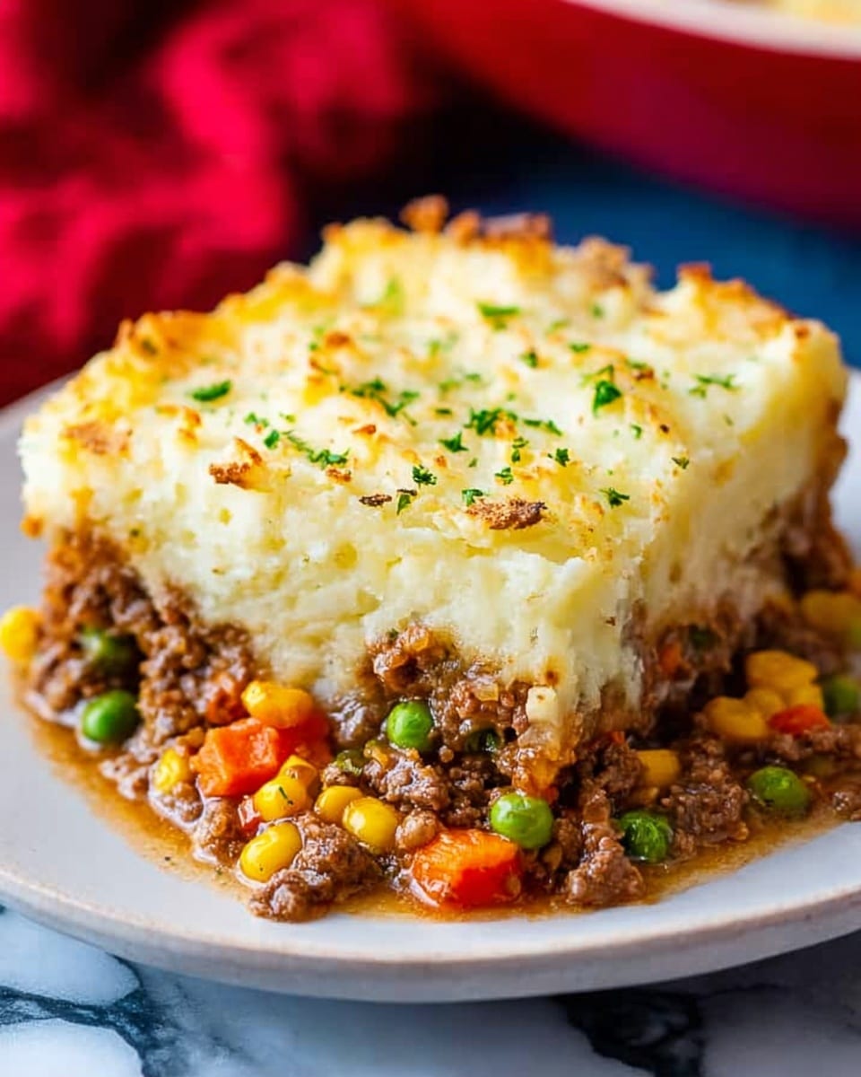 A square piece of shepherd's pie sits on a white plate with a slightly raised edge, placed on a white marbled surface. The dish has two clear layers: the bottom layer is a mix of ground meat with green peas, orange carrot bits, and yellow corn, showing a moist and chunky texture; the top layer is a thick, creamy mashed potato layer that has a golden-brown crust with scattered bits of green herbs. Some finely chopped green herbs are sprinkled on and around the pie piece, adding a fresh touch. In the blurred background, there is a red cloth and some small colorful objects. Photo taken with an iphone --ar 4:5 --v 7