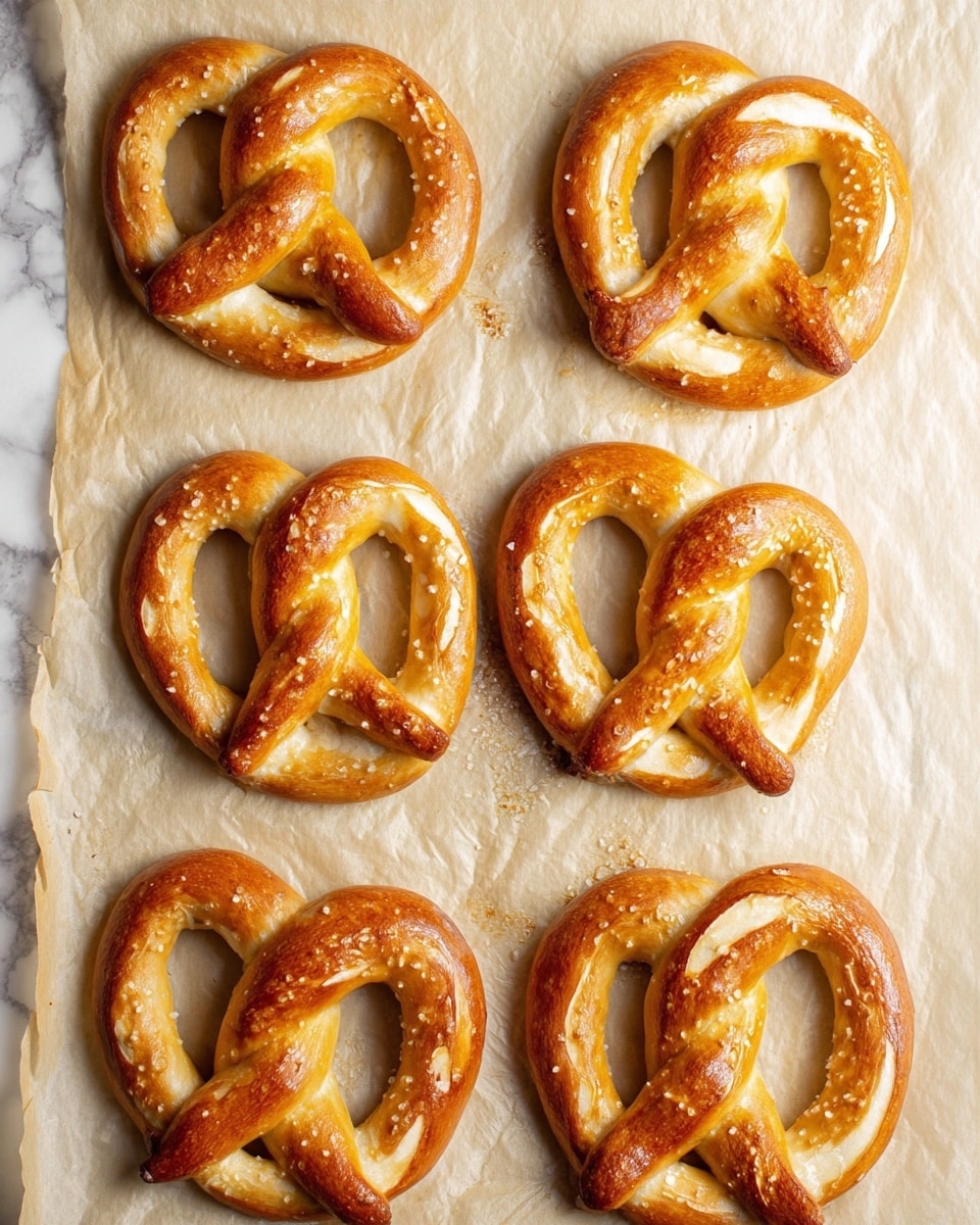 Six golden brown soft pretzels are arranged in two neat vertical rows on white parchment paper over a white marbled surface. Each pretzel has a smooth, shiny surface with twisted dough forming the classic pretzel shape of a loop with crossed middle strands. The pretzels have a slightly crispy outer layer with a few spots showing a deeper toasted color. There are small salt crystals visible on the surface of some pretzels, adding a bit of texture contrast. The edges of the parchment paper show light browning and baked oil stains, emphasizing the fresh baking process. photo taken with an iphone --ar 4:5 --v 7