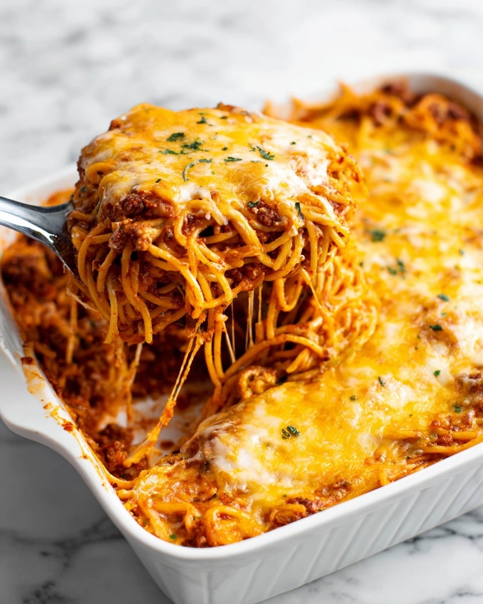 A close-up view of a baked pasta dish in a white rectangular pan resting on a white marbled surface. The top layer is golden brown melted cheese, bubbly and slightly crispy with some darker toasted spots. Underneath the cheese, twisted pasta noodles are visible, mixed evenly with browned ground meat. Small sprinkles of chopped green herbs are scattered across the top, adding a dash of color. The dish looks rich and hearty with a crispy cheese crust on top surrounding the creamy pasta and meat mix beneath. photo taken with an iphone --ar 4:5 --v 7