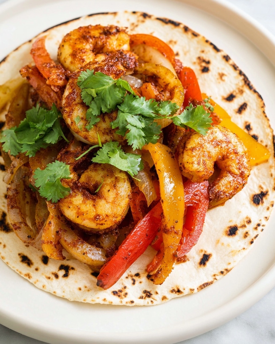 The image shows a tray with two main layers: the top half is filled with cooked shrimp, each piece orange with a slightly charred texture, and sprinkled with green coriander leaves and lime wedges. The bottom half contains sautéed strips of bell peppers in red, yellow, and orange colors mixed with sliced purple onions, all showing a cooked, soft texture with some caramelized edges. In the top right corner of the tray, there is a small clear bowl with a salsa made from diced tomatoes, onions, and green herbs. The tray is placed on a white marbled surface. Photo taken with an iphone --ar 4:5 --v 7